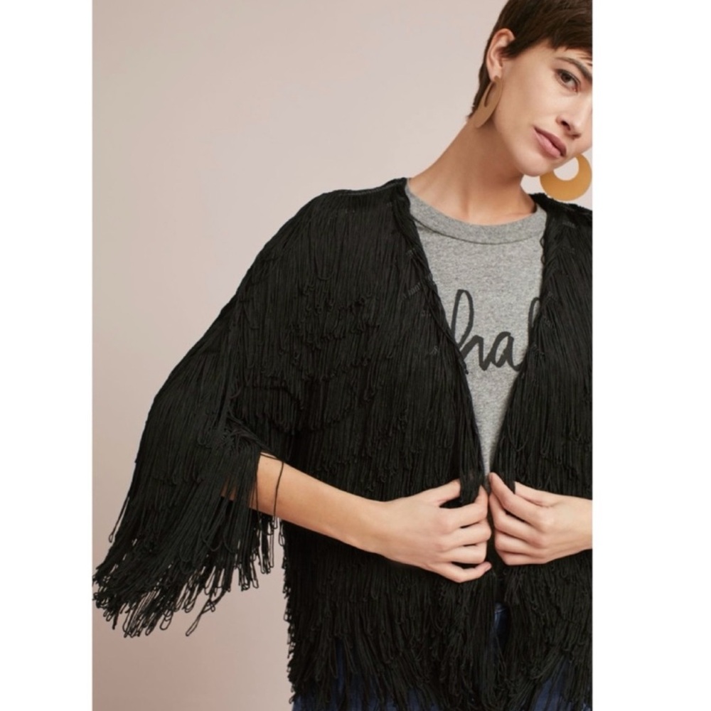 NWT Anthropologie Vanessa Virginia Fringed Long Sleeve Jacket in Black